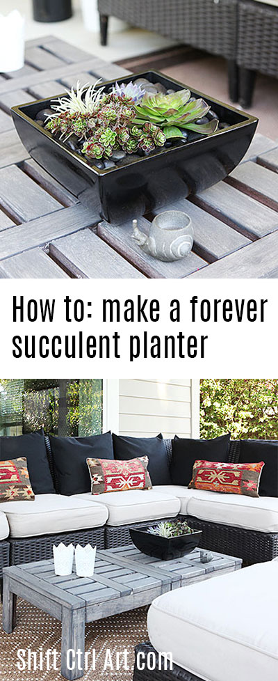 #Patio #lounge: new #rug and #pillows and how to make a #forever #succulent #planter
