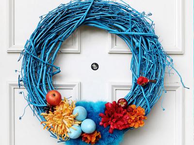 Egg and feather goes together - jewel toned Easter door wreath