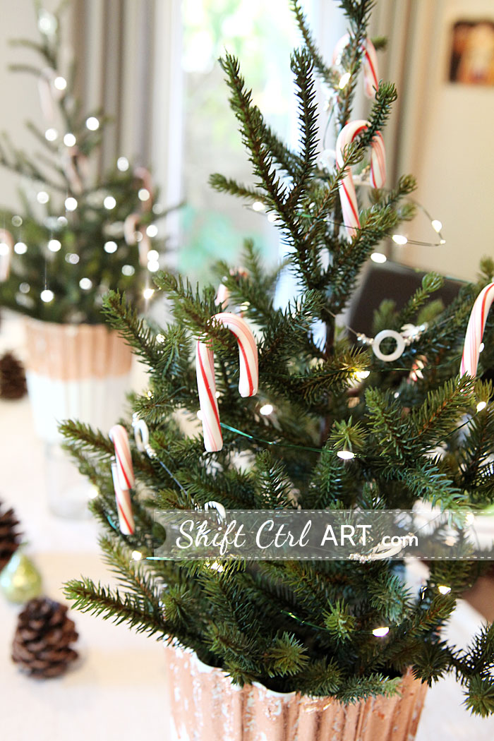 Christmas table - pom pom runner, copper crackle, beaded garland trees