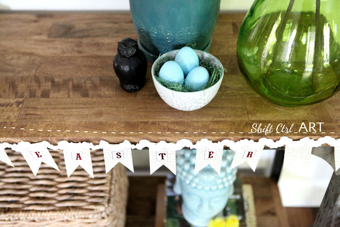 Easter Vignette bunting chickens living room