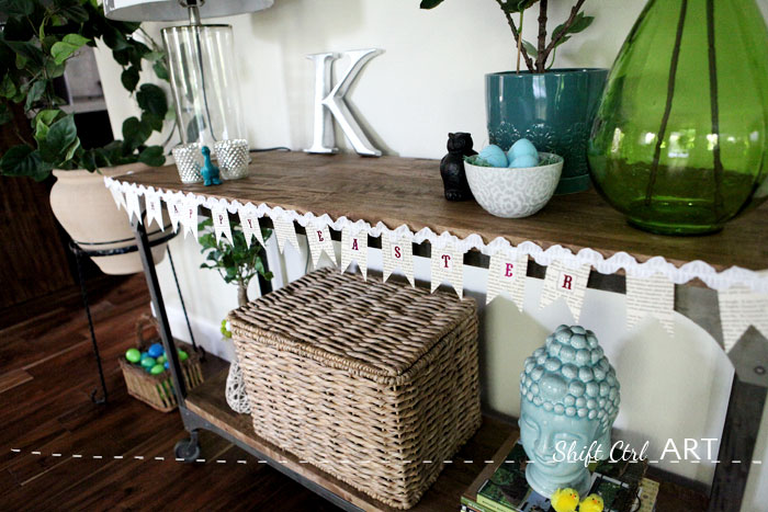 Easter Vignette bunting chickens living room