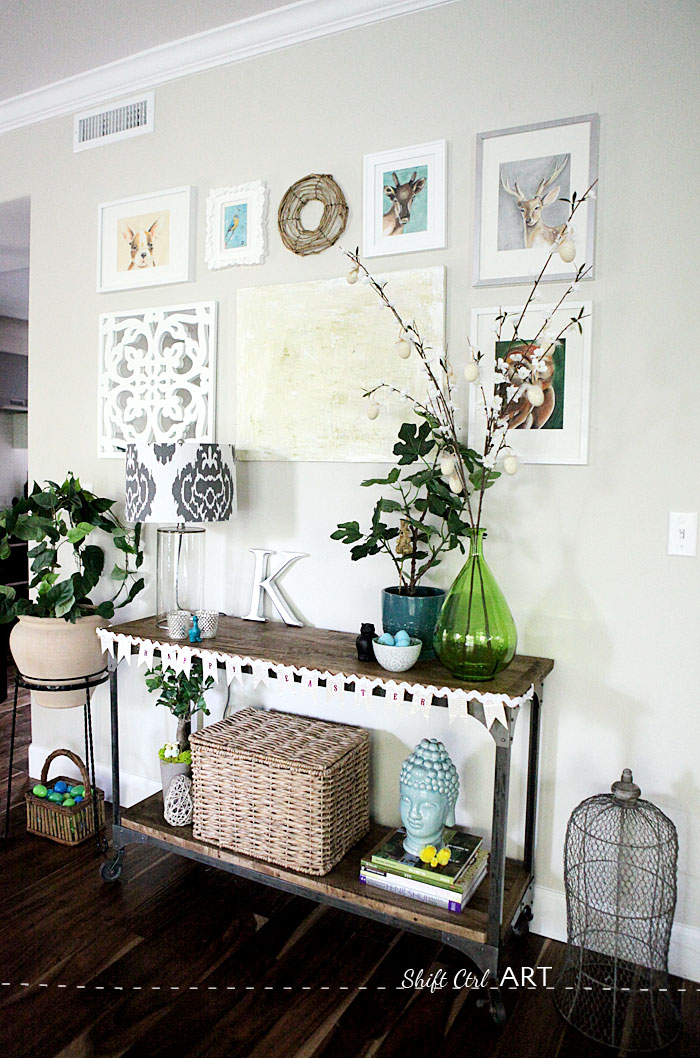 Easter Vignette bunting chickens living room