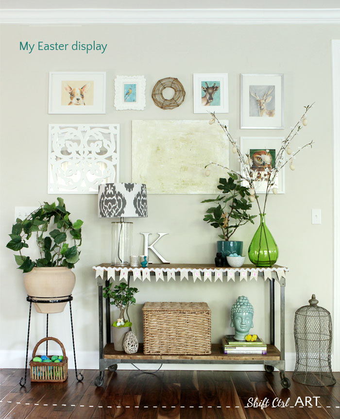 Easter Vignette bunting chickens living room