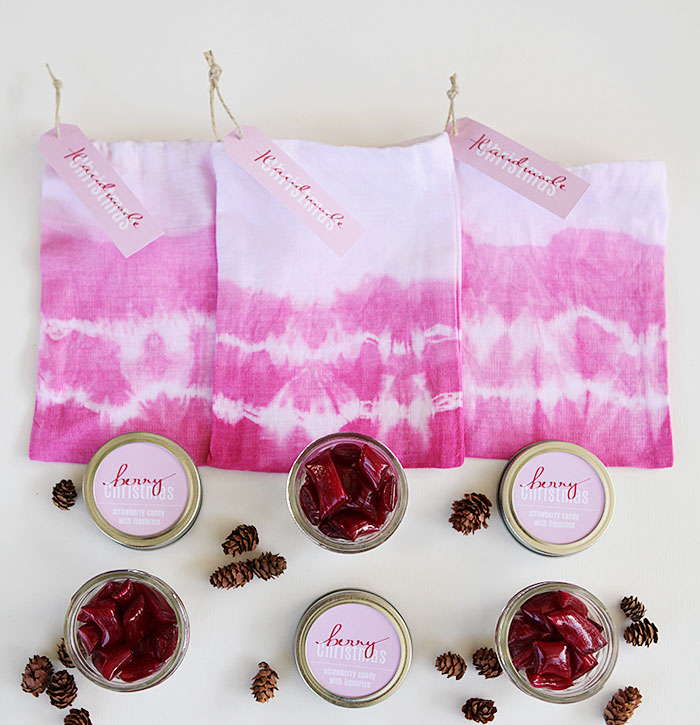 Handmade berry candy in tie dyed gift bag