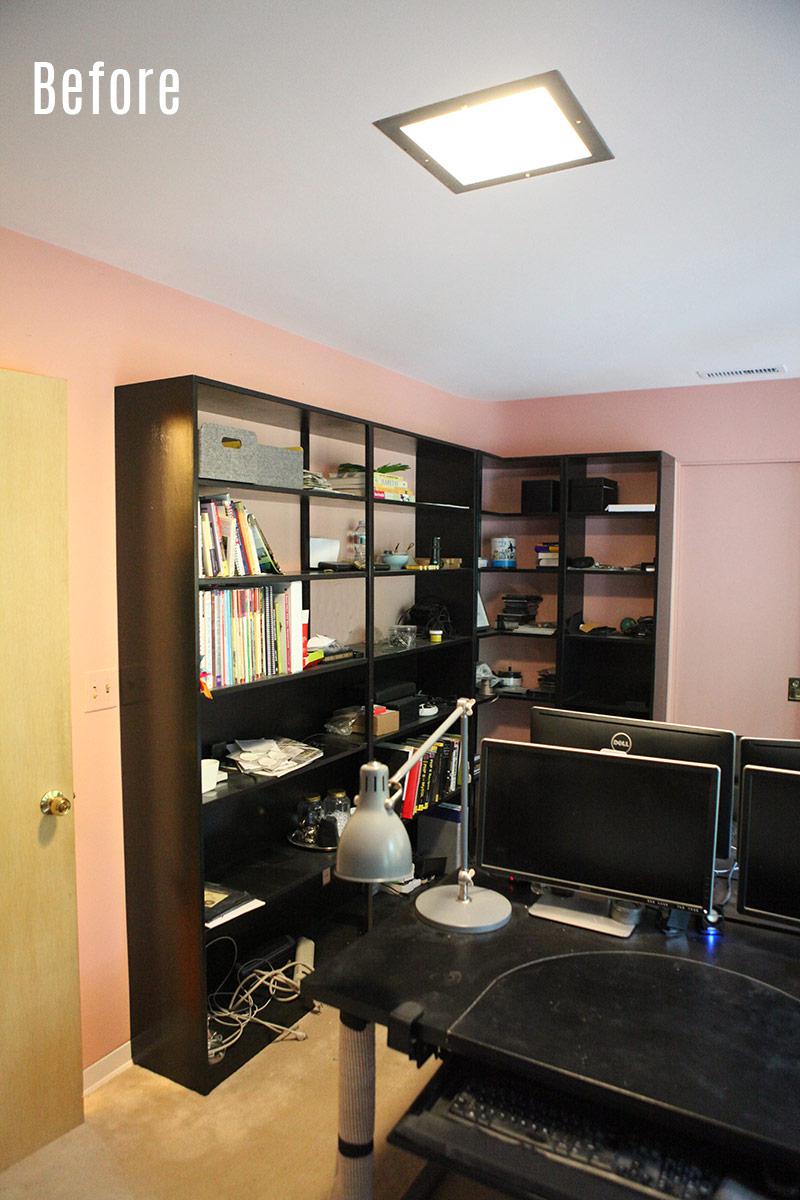 Office reveal book shelf installed and new lighting and speakers in ceiling