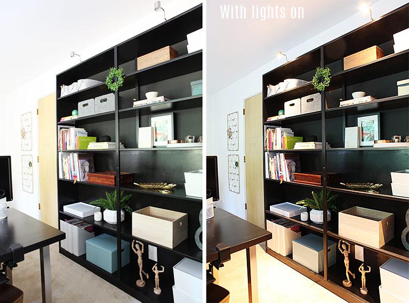 Office reveal book shelf installed and new lighting and speakers in ceiling