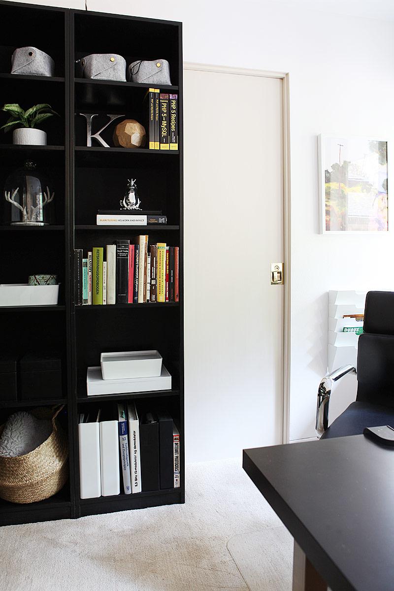 Office reveal book shelf installed and new lighting and speakers in ceiling