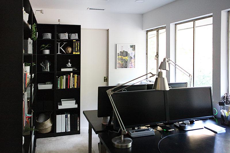 Office reveal book shelf installed and new lighting and speakers in ceiling