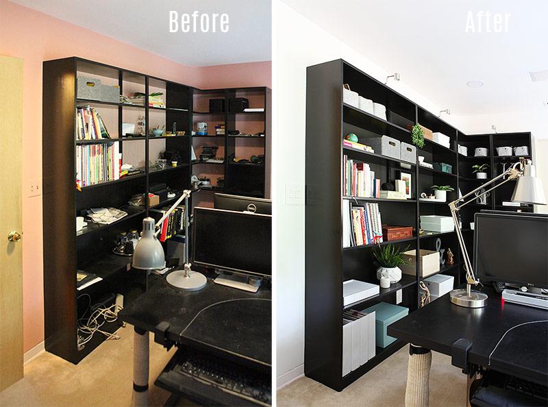 Office reveal book shelf installed and new lighting and speakers in ceiling