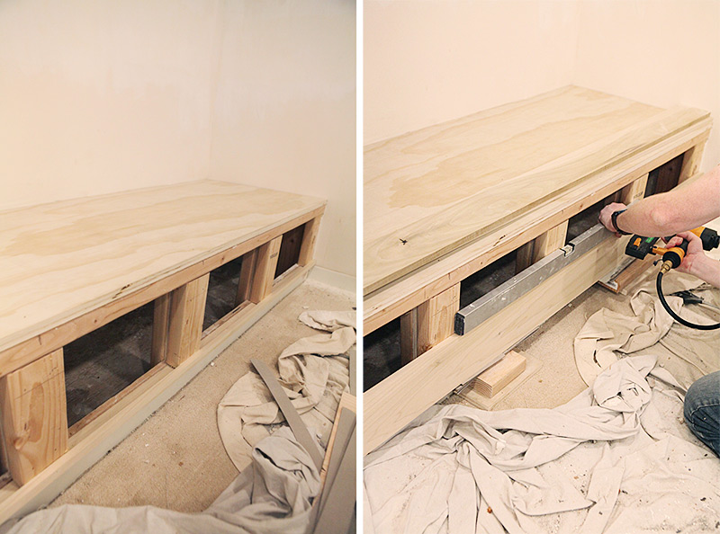 Building a seating bench with a slanted slatted front - Midcentury ...