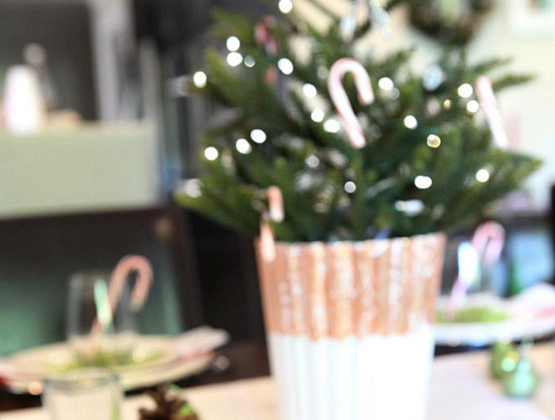 Christmas table - pom pom runner, copper crackle, beaded garland trees