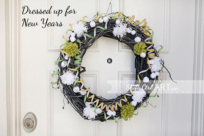 Winter front door wreath - then dressed up for New Years