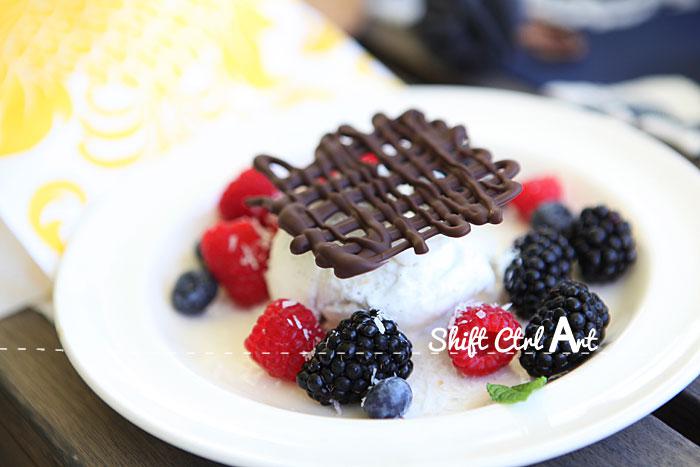 Coconut ice cream with berries and chocolate grid - dairy and gluten free